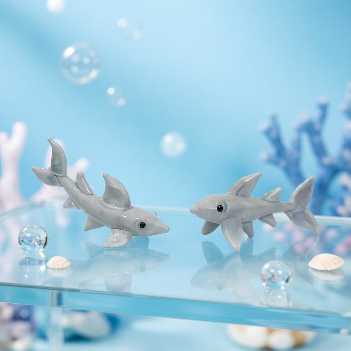 Marine Aquarium Orp - รูปปั้นฉลามแก้วขนาดเล็กทำมือ น่ารัก เหมาะสำหรับตกแต่งโต๊ะทำงานในบ้าน ตกแต่งตู้ปลา และเป็นของตกแต่งตู้เลี้ยงปลา